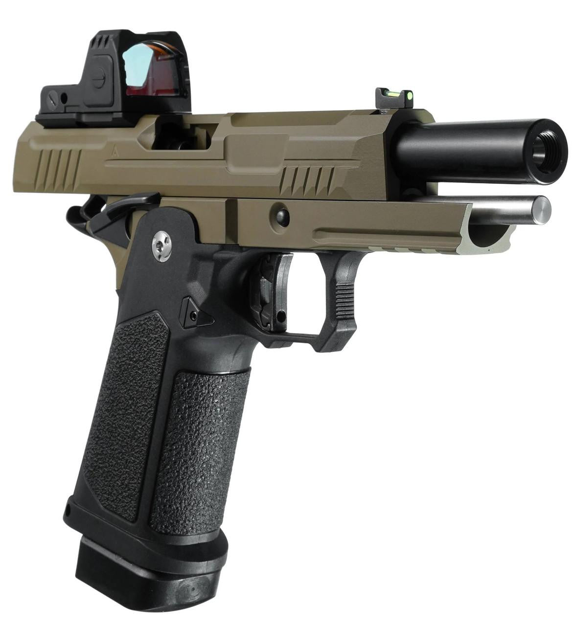 ARCTURUS Vanguard 4.3" Hi-Capa GBB Airsoft Pistol w/ Optics Ready Slide & ARS-1 Red Dot Combo, Black/Tan
