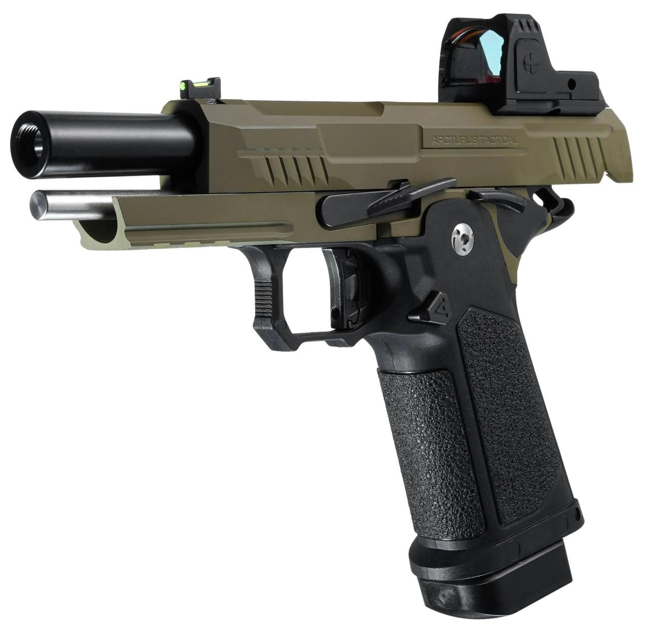 ARCTURUS Vanguard 4.3" Hi-Capa GBB Airsoft Pistol w/ Optics Ready Slide & ARS-1 Red Dot Combo, Black/Tan