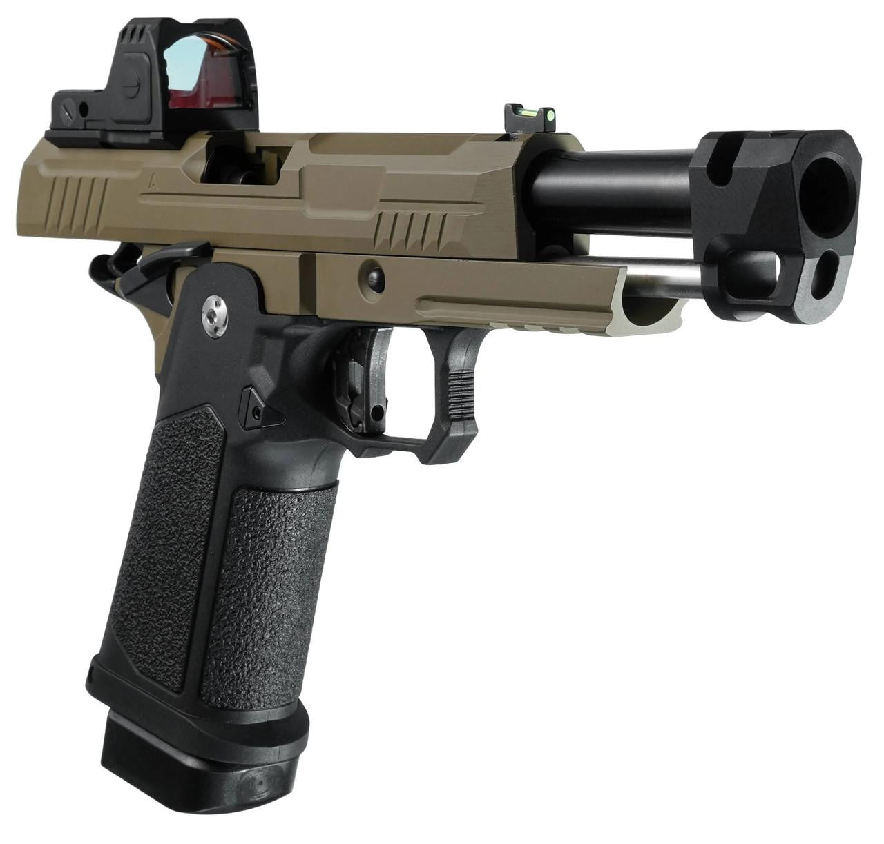 ARCTURUS Vanguard 4.3" Hi-Capa GBB Airsoft Pistol w/ Optics Ready Slide & Compensator & ARS-1 Red Dot Combo, Black/Tan