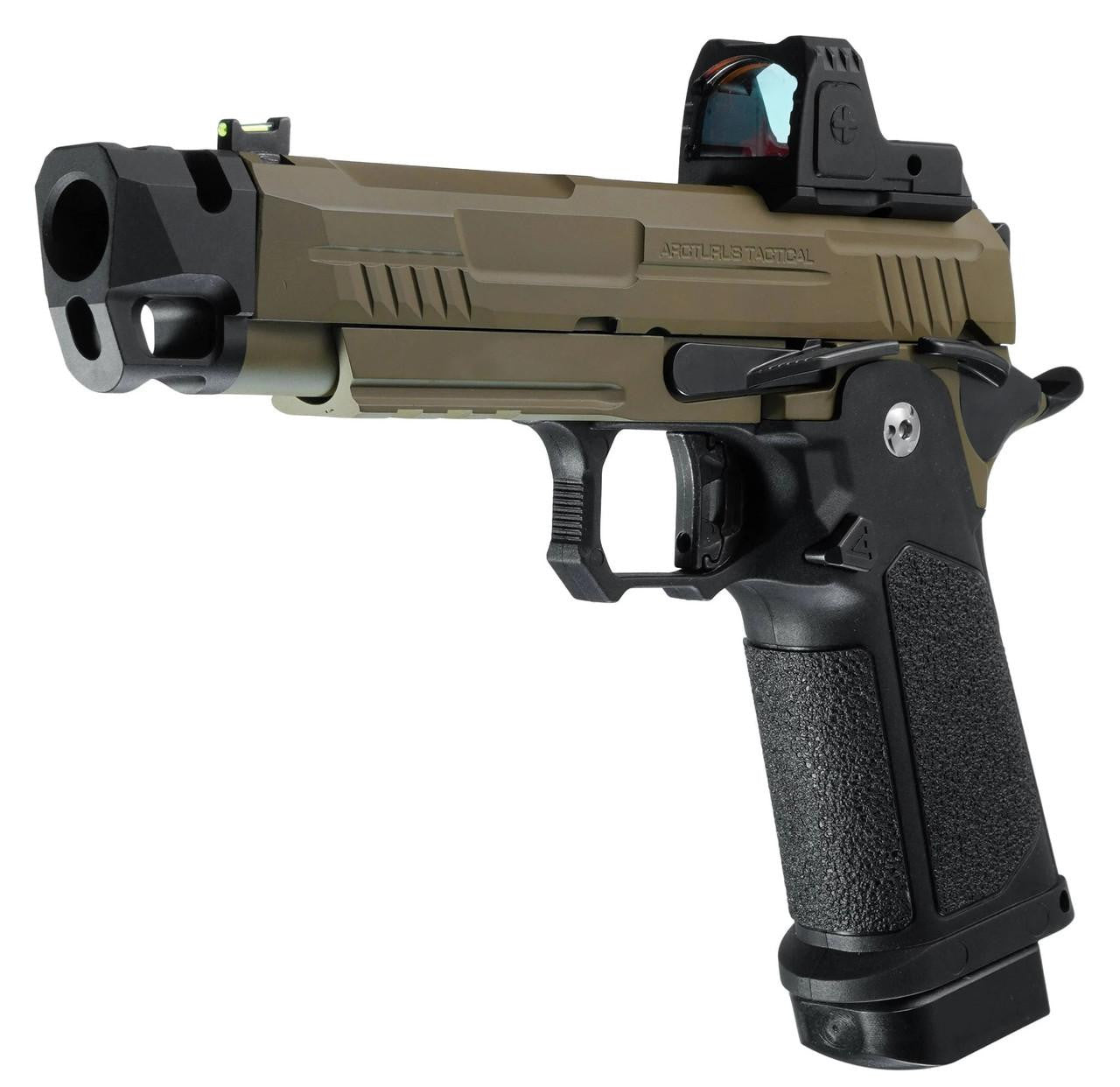 ARCTURUS Vanguard 4.3" Hi-Capa GBB Airsoft Pistol w/ Optics Ready Slide & Compensator & ARS-1 Red Dot Combo, Black/Tan