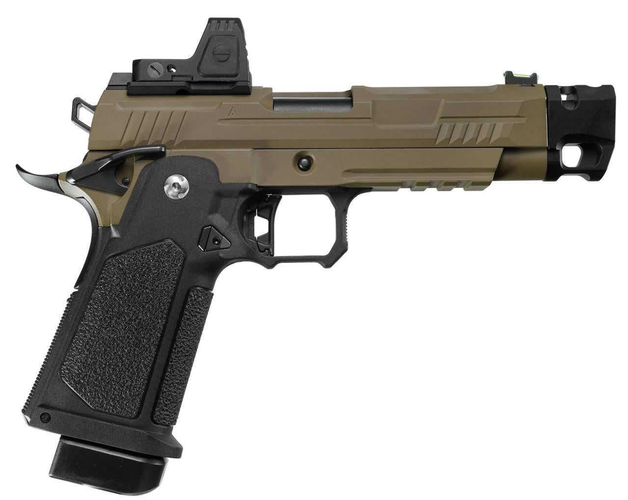 ARCTURUS Vanguard 4.3" Hi-Capa GBB Airsoft Pistol w/ Optics Ready Slide & Compensator & ARS-1 Red Dot Combo, Black/Tan