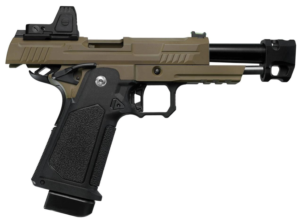 ARCTURUS Vanguard 4.3" Hi-Capa GBB Airsoft Pistol w/ Optics Ready Slide & Compensator & ARS-1 Red Dot Combo, Black/Tan