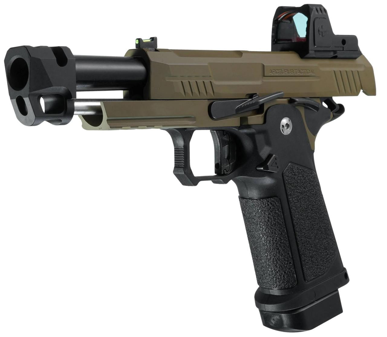 ARCTURUS Vanguard 4.3" Hi-Capa GBB Airsoft Pistol w/ Optics Ready Slide & Compensator & ARS-1 Red Dot Combo, Black/Tan