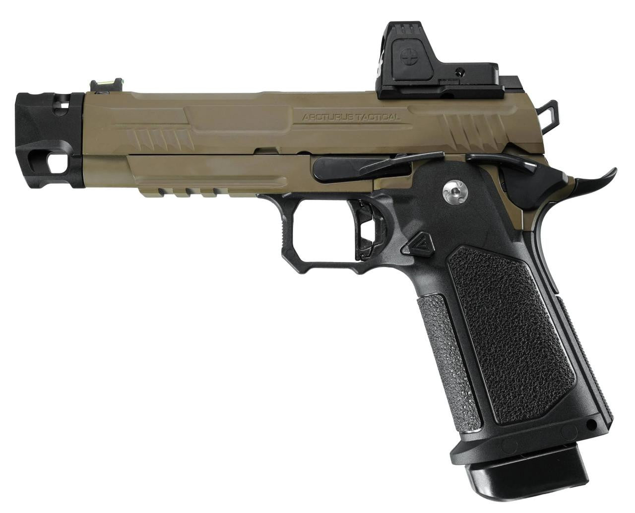 ARCTURUS Vanguard 4.3" Hi-Capa GBB Airsoft Pistol w/ Optics Ready Slide & Compensator & ARS-1 Red Dot Combo, Black/Tan