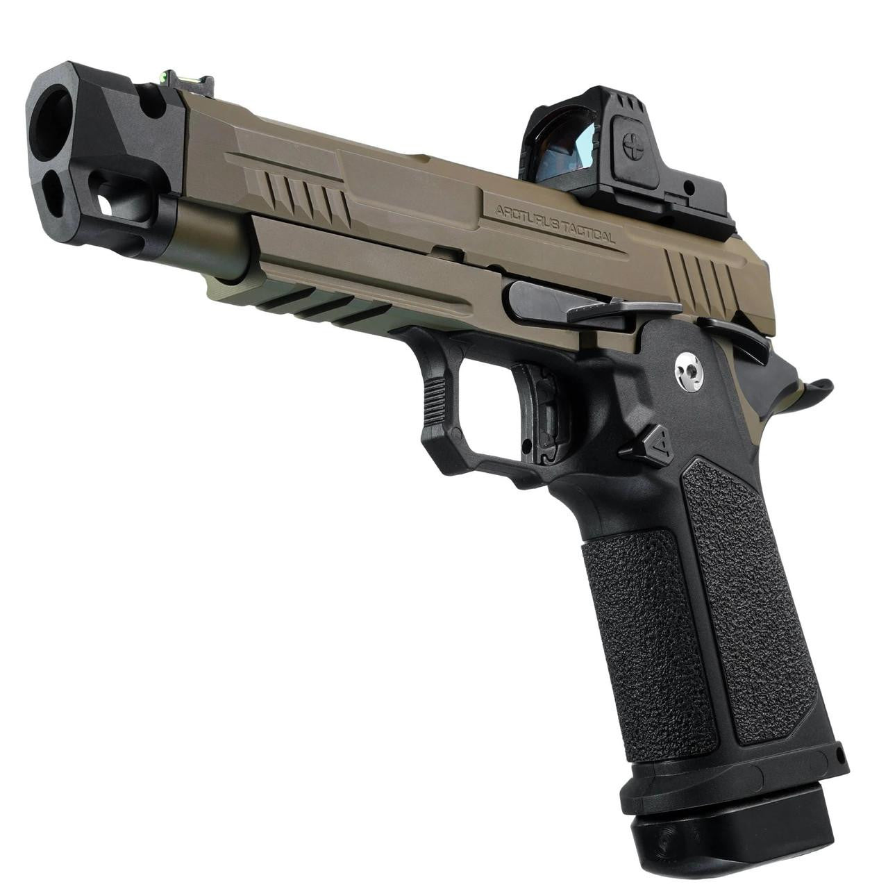 ARCTURUS Vanguard 4.3" Hi-Capa GBB Airsoft Pistol w/ Optics Ready Slide & Compensator & ARS-1 Red Dot Combo, Black/Tan