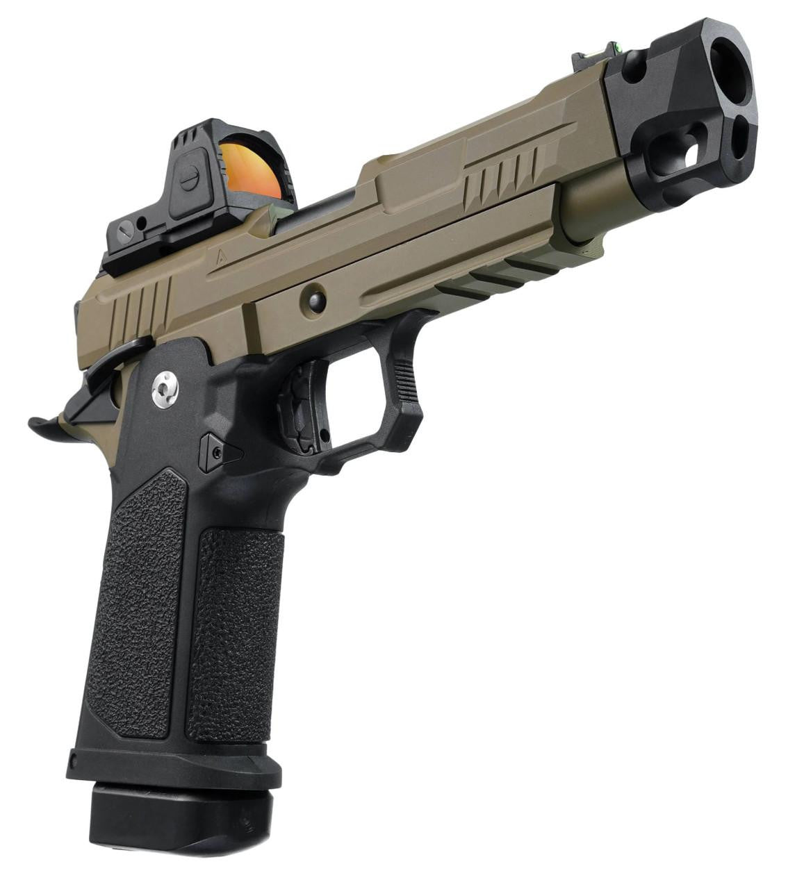 ARCTURUS Vanguard 4.3" Hi-Capa GBB Airsoft Pistol w/ Optics Ready Slide & Compensator & ARS-1 Red Dot Combo, Black/Tan