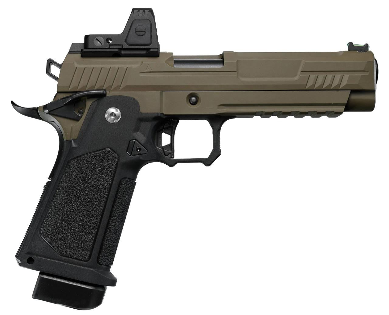 ARCTURUS Vanguard 5" Hi-Capa GBB Airsoft Pistol w/ Optics Ready Slide & ARS-1 Red Dot Combo, Black/Tan