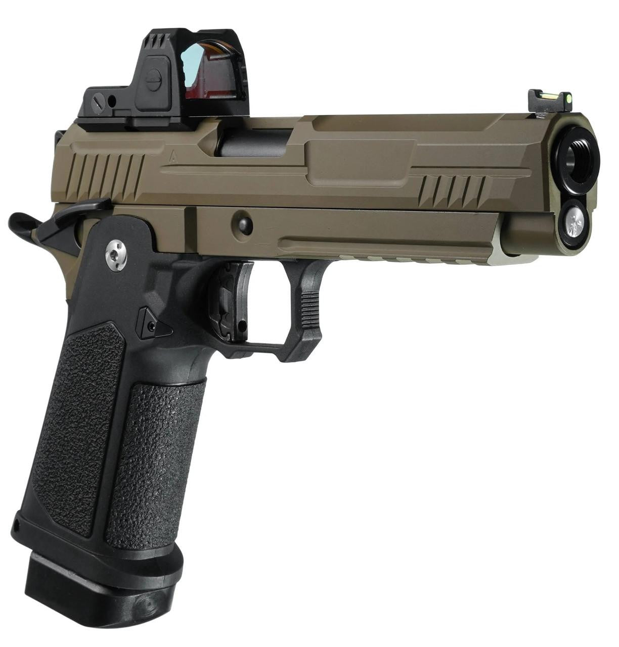 ARCTURUS Vanguard 5" Hi-Capa GBB Airsoft Pistol w/ Optics Ready Slide & ARS-1 Red Dot Combo, Black/Tan