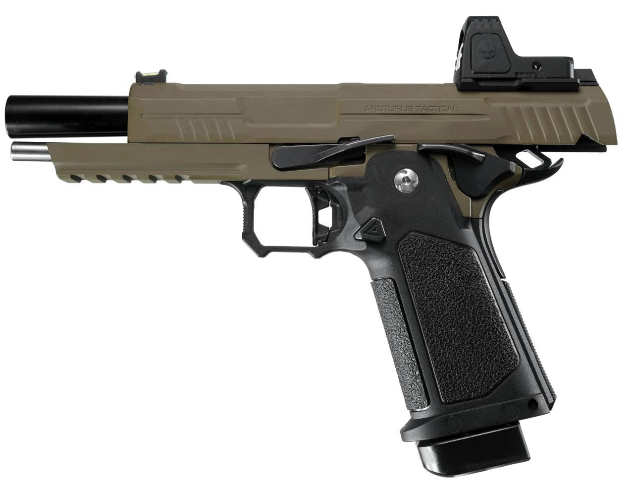 ARCTURUS Vanguard 5" Hi-Capa GBB Airsoft Pistol w/ Optics Ready Slide & ARS-1 Red Dot Combo, Black/Tan