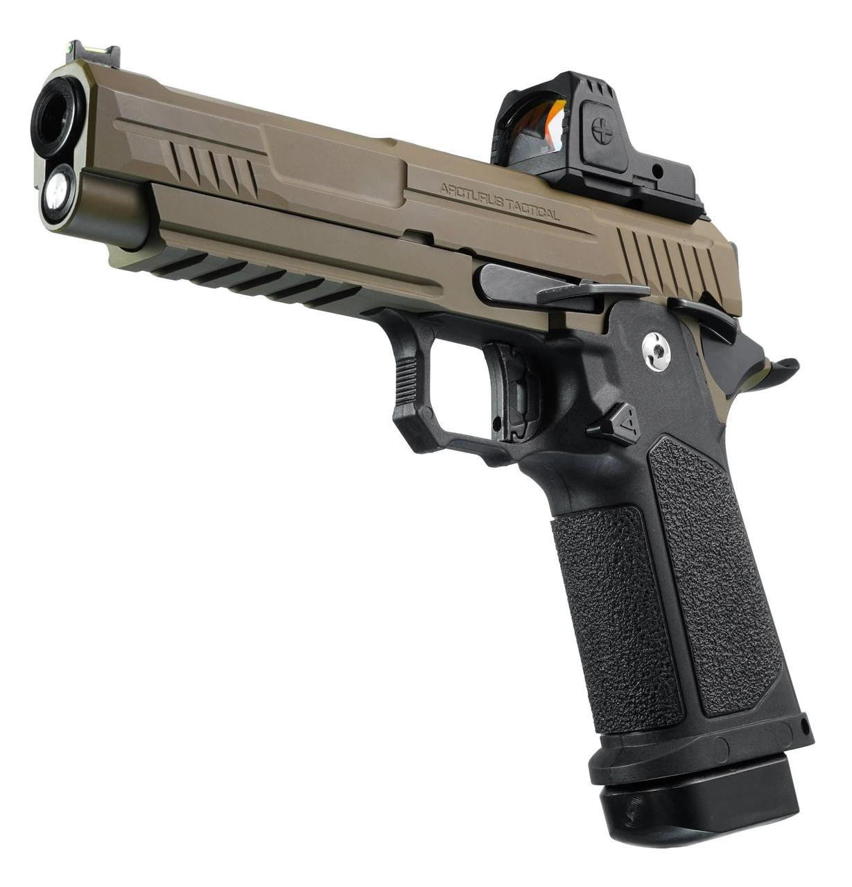 ARCTURUS Vanguard 5" Hi-Capa GBB Airsoft Pistol w/ Optics Ready Slide & ARS-1 Red Dot Combo, Black/Tan