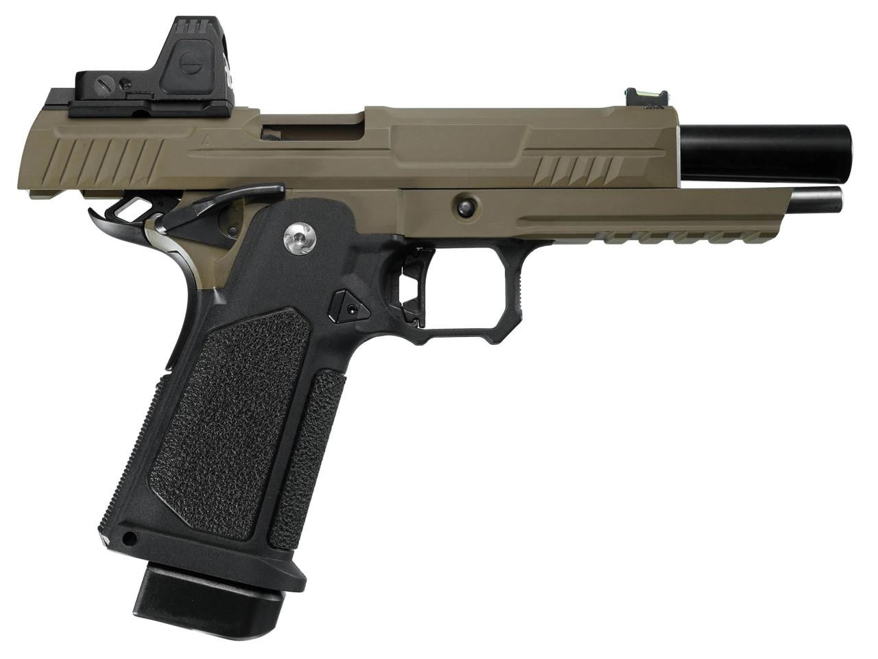 ARCTURUS Vanguard 5" Hi-Capa GBB Airsoft Pistol w/ Optics Ready Slide & ARS-1 Red Dot Combo, Black/Tan