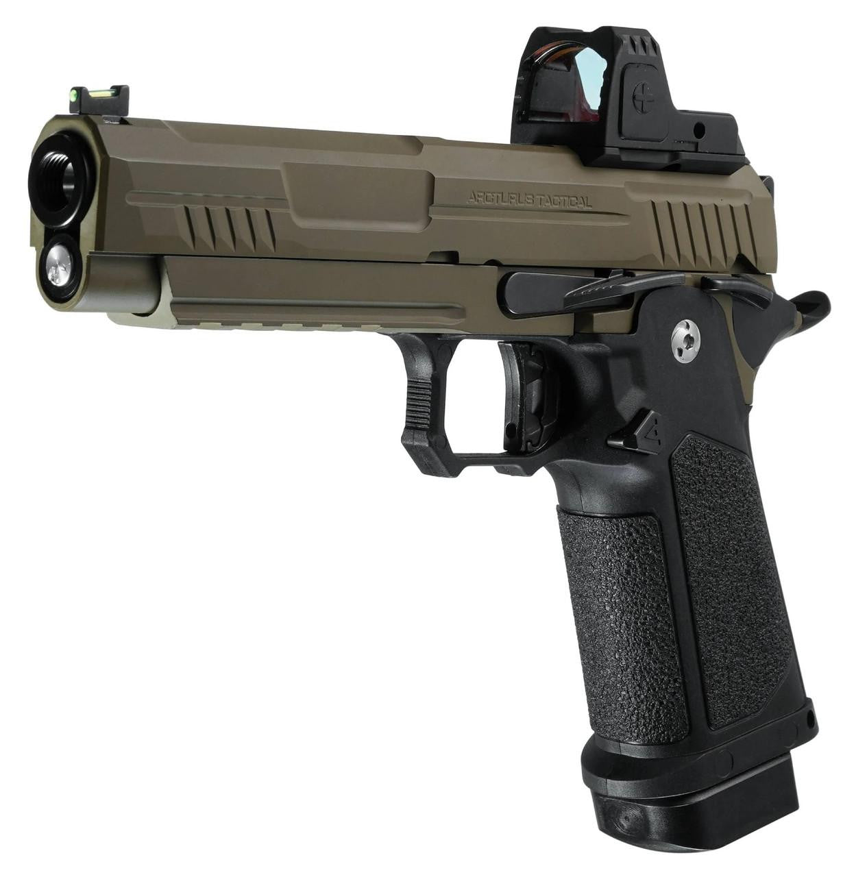 ARCTURUS Vanguard 5" Hi-Capa GBB Airsoft Pistol w/ Optics Ready Slide & ARS-1 Red Dot Combo, Black/Tan