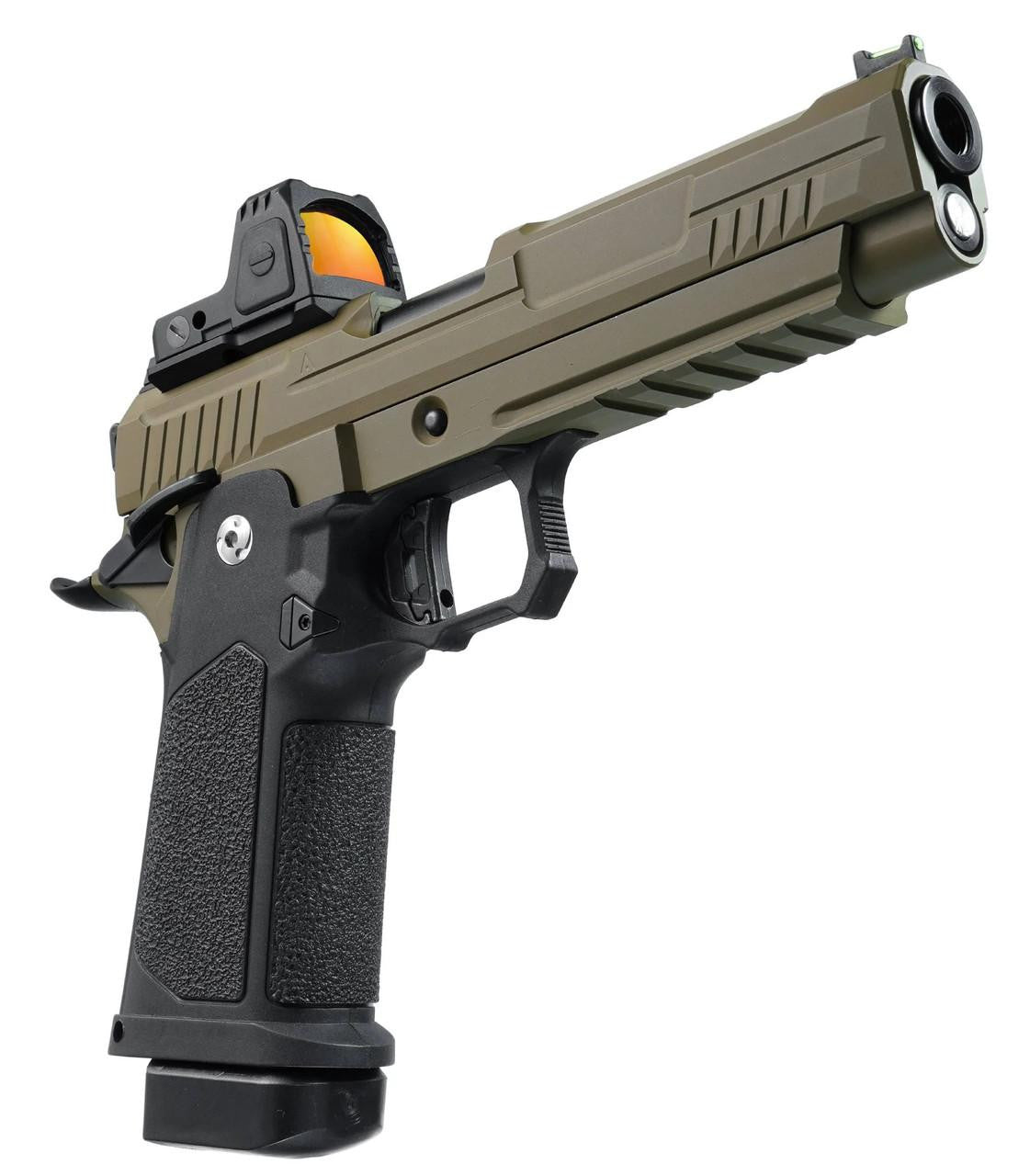 ARCTURUS Vanguard 5" Hi-Capa GBB Airsoft Pistol w/ Optics Ready Slide & ARS-1 Red Dot Combo, Black/Tan