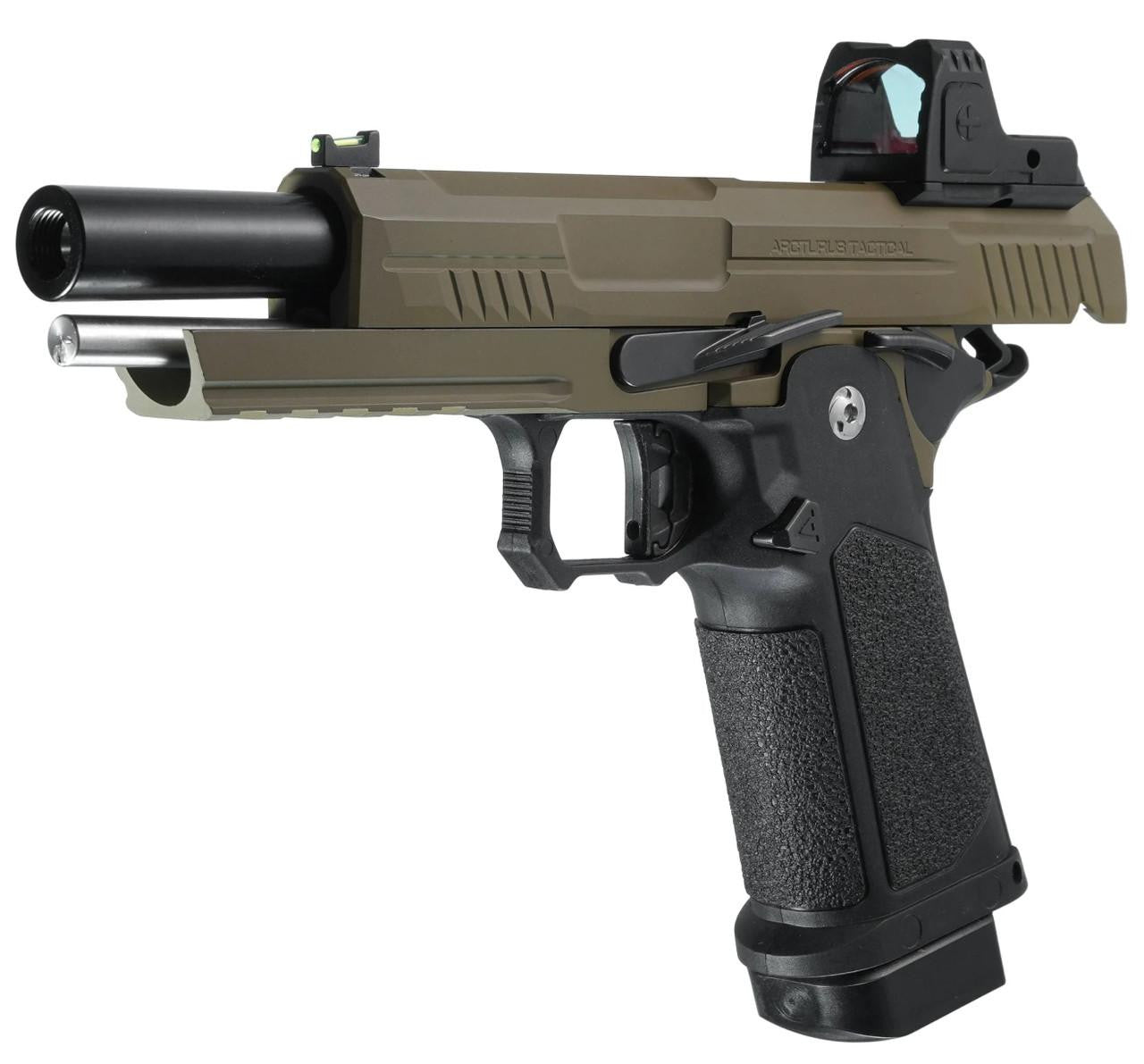 ARCTURUS Vanguard 5" Hi-Capa GBB Airsoft Pistol w/ Optics Ready Slide & ARS-1 Red Dot Combo, Black/Tan
