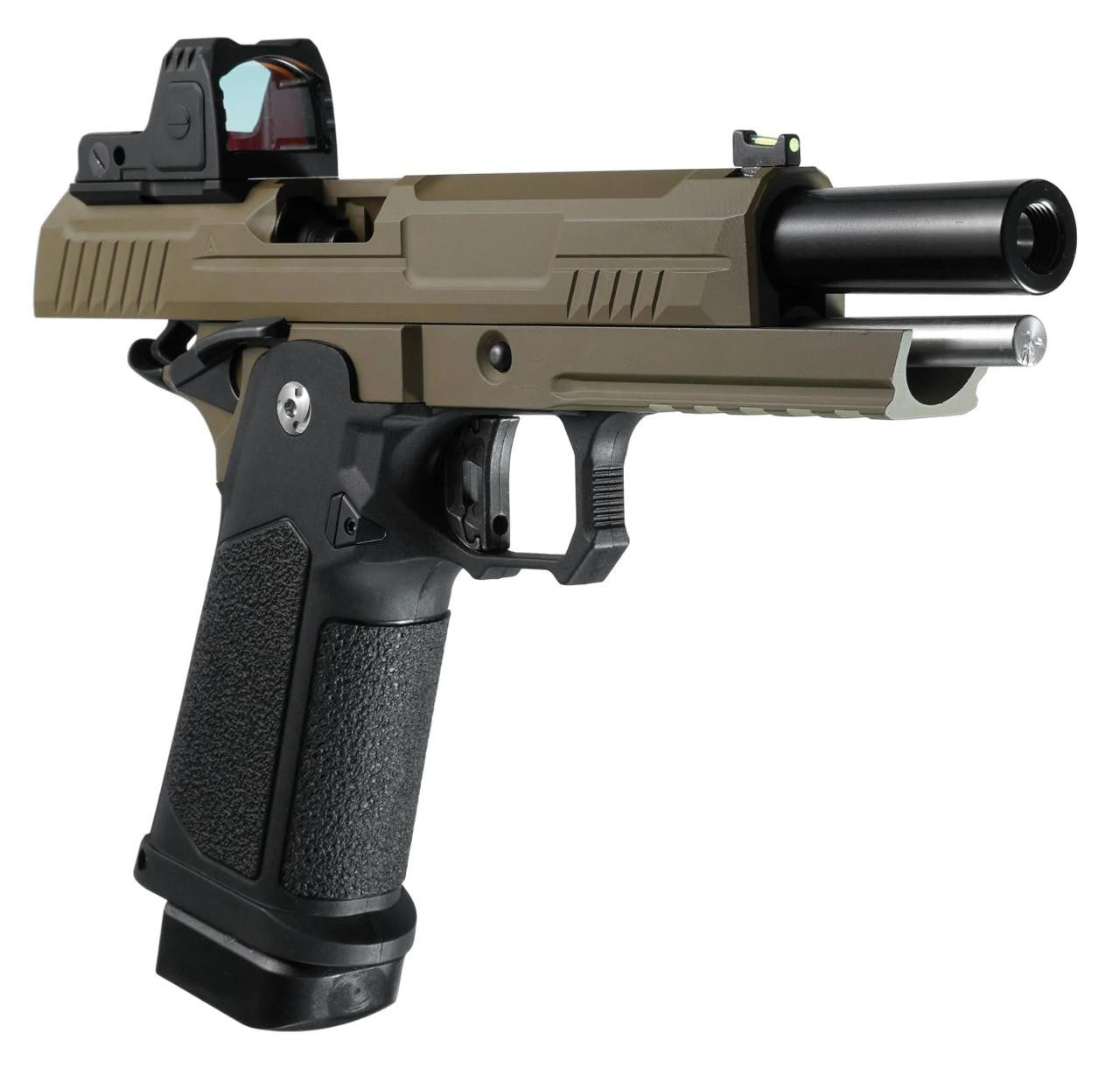 ARCTURUS Vanguard 5" Hi-Capa GBB Airsoft Pistol w/ Optics Ready Slide & ARS-1 Red Dot Combo, Black/Tan