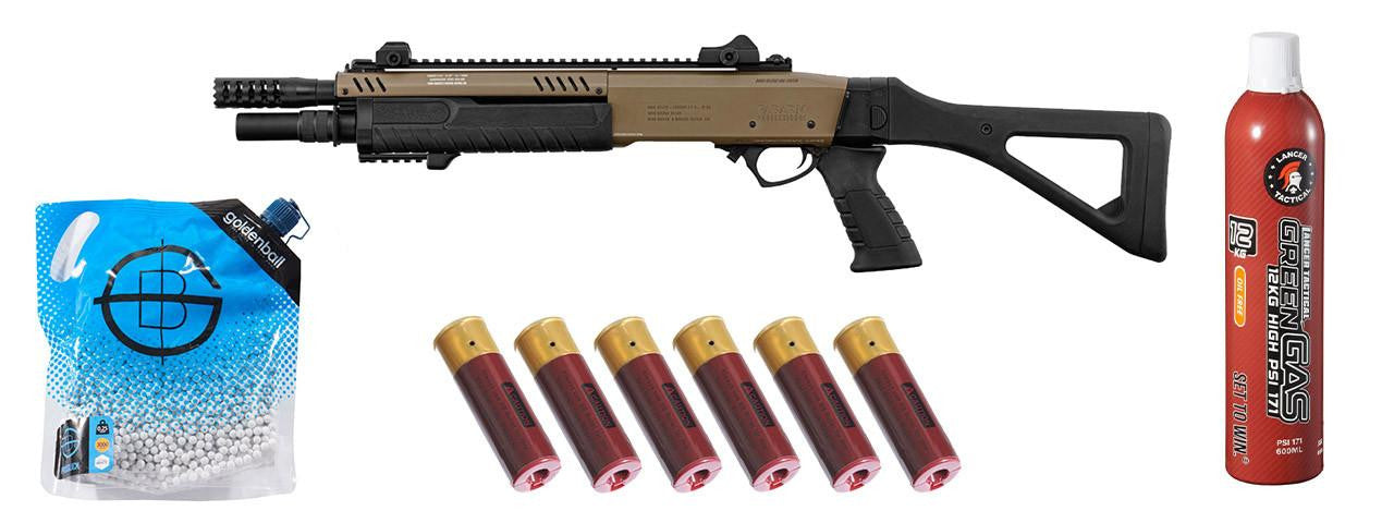 BO Manufacture Fabarm 33" Compact Gas Pump Airsoft Shotgun w/ Green Gas & Shell Combo, Tan