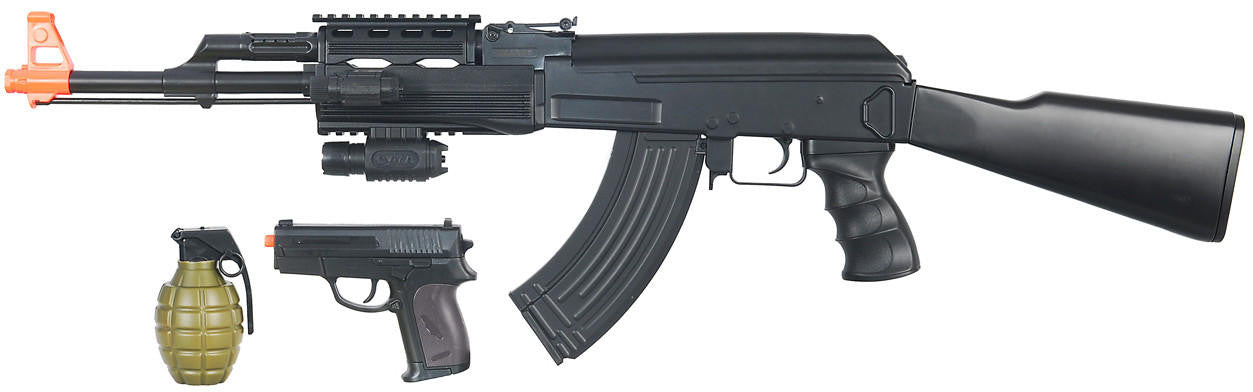 CYMA Tactical AK47 AEG Airsoft Rifle Package w/ Plastic Gear, Black