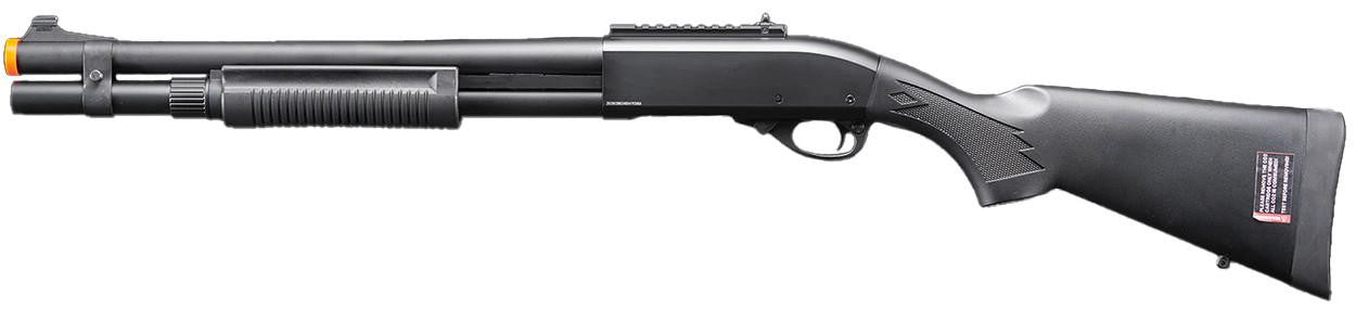 Golden Eagle M870 3/6-Shot Pump Action CO2 Airsoft Shotgun w/ Mock Shell Tube & Ghost Ring Iron Sights, Black