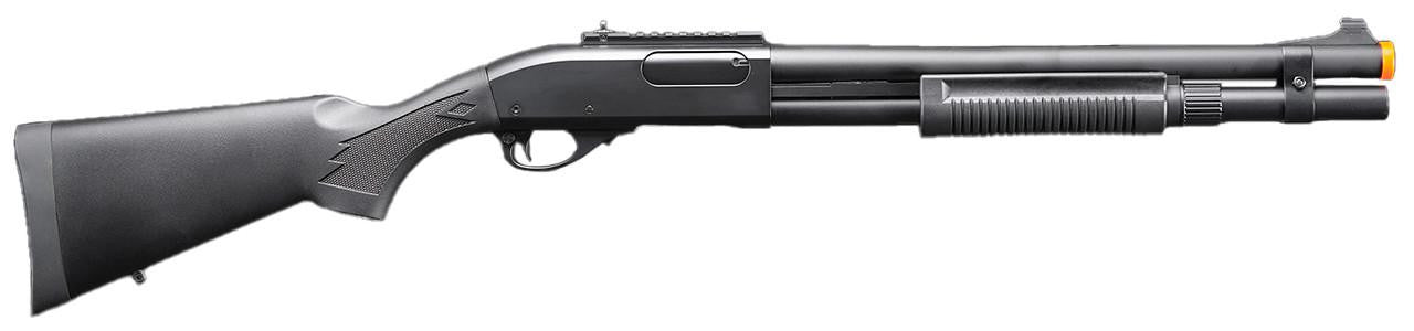 Golden Eagle M870 3/6-Shot Pump Action CO2 Airsoft Shotgun w/ Mock Shell Tube & Ghost Ring Iron Sights, Black