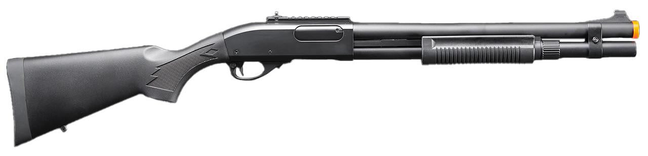 Golden Eagle M870 3/6-Shot Pump Action Gas Airsoft Shotgun w/ Mock Shell Tube & Ghost Ring Iron Sights, Black