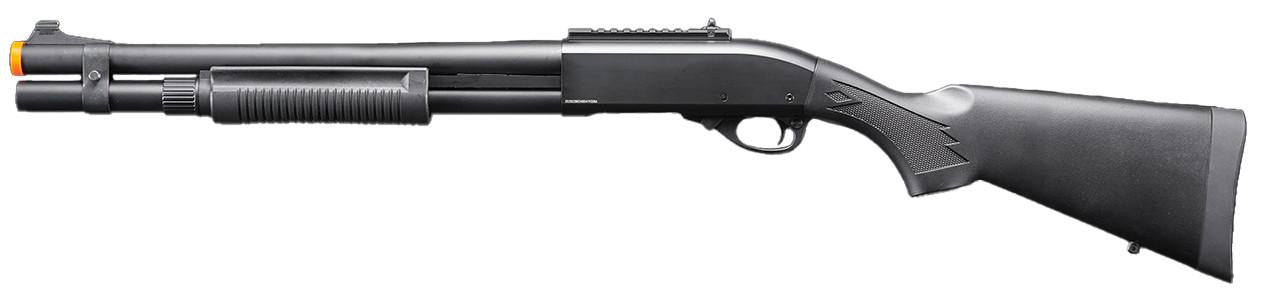 Golden Eagle M870 3/6-Shot Pump Action Gas Airsoft Shotgun w/ Mock Shell Tube & Ghost Ring Iron Sights, Black