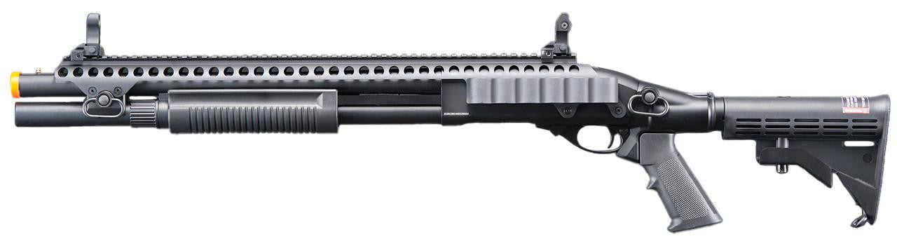 Golden Eagle M8874 3/6-Shot Pump Action CO2 Airsoft Shotgun w/ Flip Up Sights, Picatinny Rail & M4 Crane Stock, Black