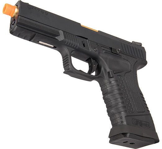 WE Tech GP1799 T1 Gas Blowback Airsoft Pistol, Black/Gold Barrel