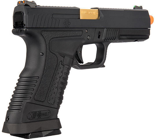WE Tech GP1799 T1 Gas Blowback Airsoft Pistol, Black/Gold Barrel