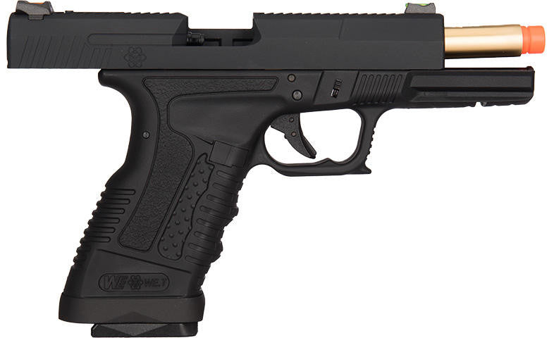 WE Tech GP1799 T1 Gas Blowback Airsoft Pistol, Black/Gold Barrel