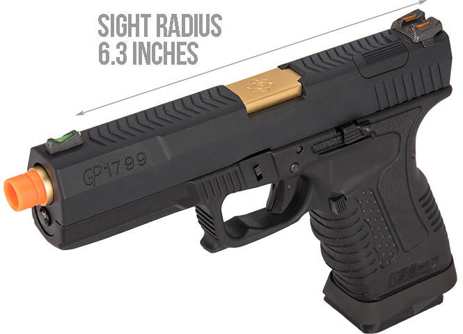 WE Tech GP1799 T1 Gas Blowback Airsoft Pistol, Black/Gold Barrel