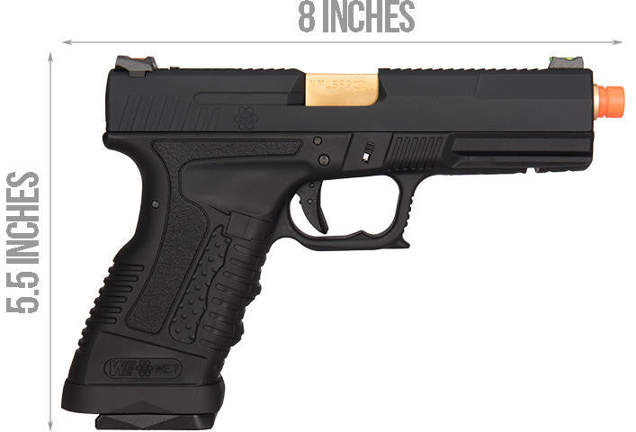 WE Tech GP1799 T1 Gas Blowback Airsoft Pistol, Black/Gold Barrel