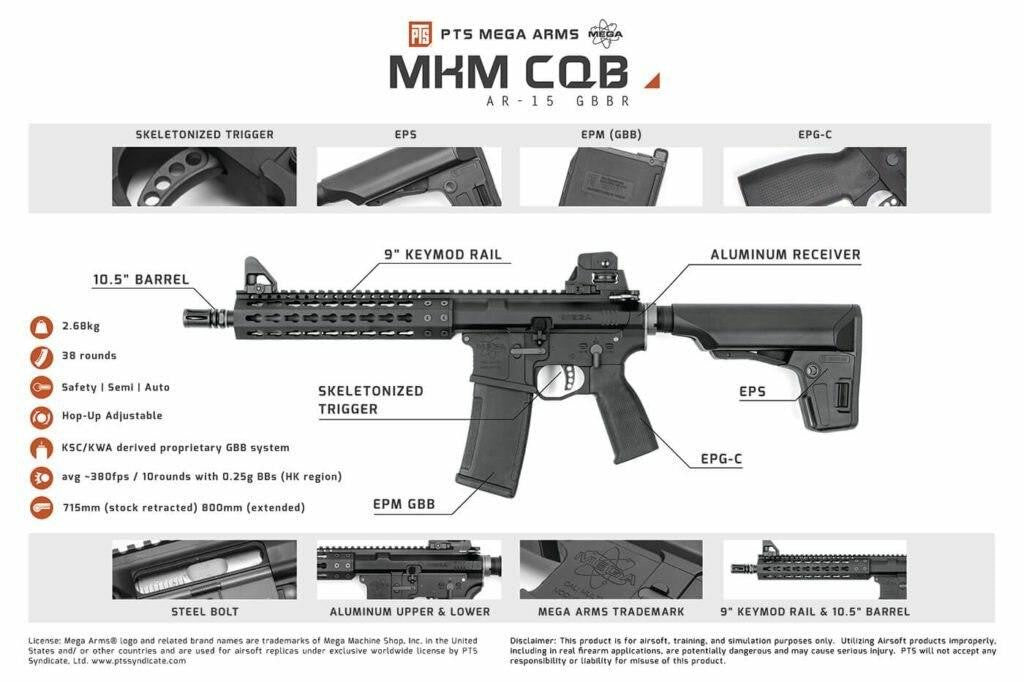 KWA PTS Mega Arms MKM AR-15 CQB Gas Airsoft Rifle, Black