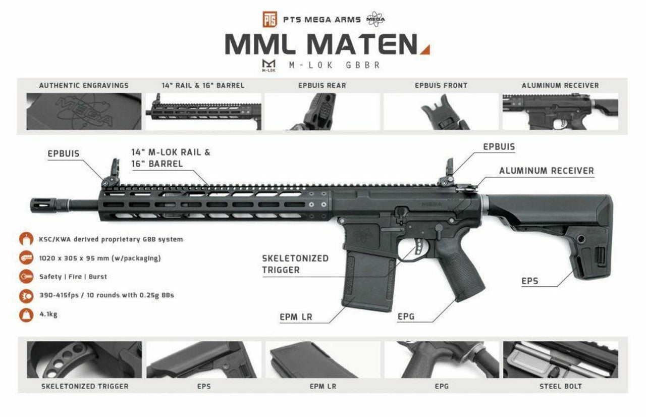 KWA PTS Mega Arms MML MATEN Gas Blowback Airsoft Rifle .308, Black