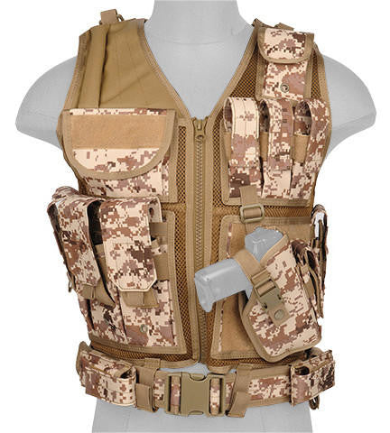 Lancer Tactical 1000D Nylon Airsoft Combat Vest w/ Holster, Desert Digital