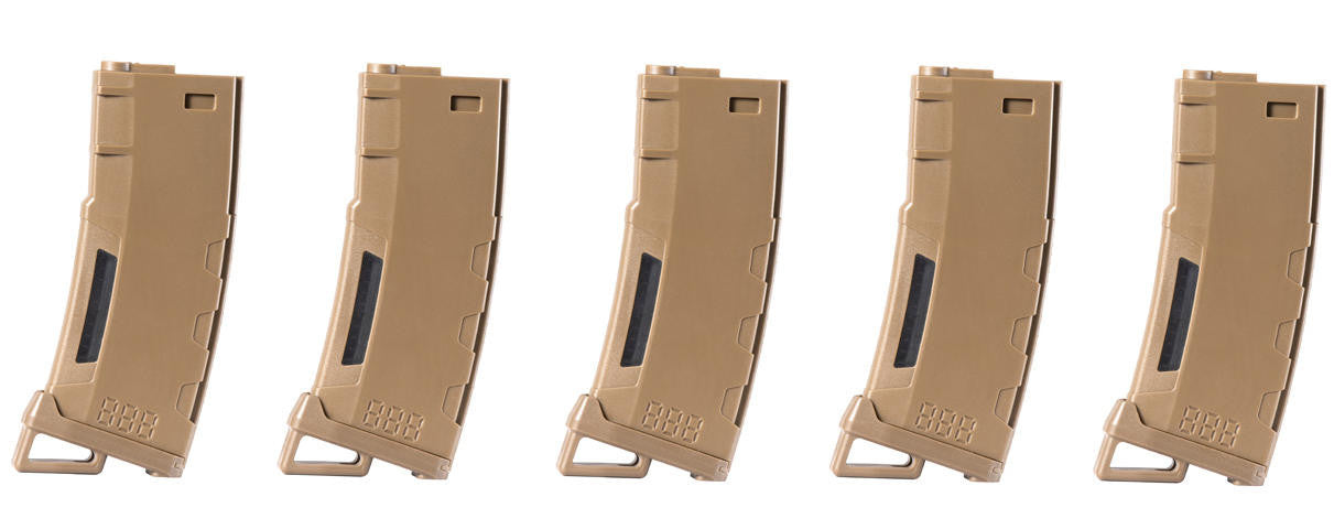 Lancer Tactical 130 Round High Speed Mid-Cap M4 Airsoft Magazine, Tan, 5 Pack