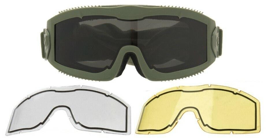 Lancer Tactical AERO Series Dual Pane Airsoft Goggles, Green w/ Smoked, Yellow, & Clear Lens