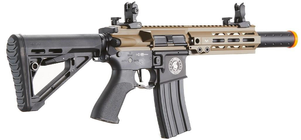 Lancer Tactical Blazer 10" M-LOK Proline Series M4 Airsoft Rifle with Delta Stock & Mock Suppressor, FDE/Black