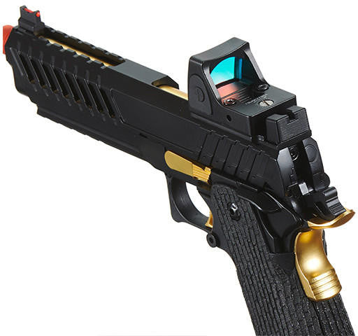 Lancer Tactical Knightshade Hi-Capa Gas Blowback Airsoft Pistol w/ Reflex Red Dot Sight, Black/Gold