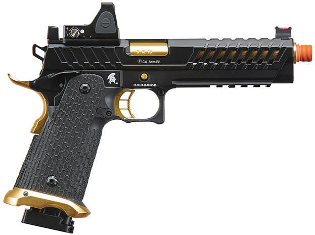 Lancer Tactical Knightshade Hi-Capa Gas Blowback Airsoft Pistol w/ Reflex Red Dot Sight, Black/Gold