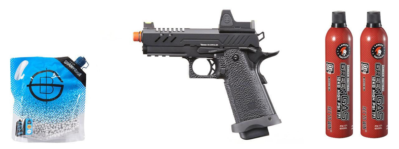 Vorsk Airsoft 3.8 Hi Capa Pro GBB Airsoft Pistol w/ Micro Dot, Green Gas Combo, Black
