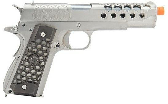 WE Tech 1911 Hex Cut Gen 2 Gas Blowback Airsoft Pistol, Silver