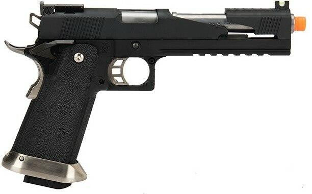WE Tech 1911 Hi-Capa T-Rex Competition Gas Blowback Airsoft Pistol w/ Top Ports, Black / Silver