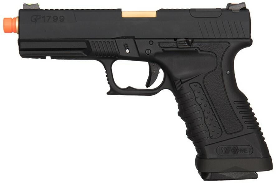 WE Tech GP1799 T1 Gas Blowback Airsoft Pistol, Black/Gold Barrel