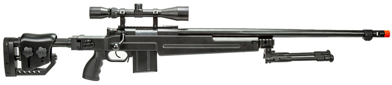 WellFire MB4415BAB Bolt Action Airsoft Sniper Rifle w/ Scope and Bipod, Black