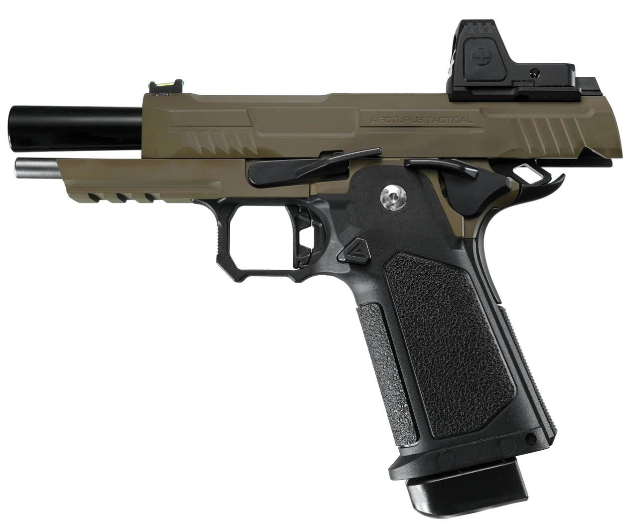 ARCTURUS Vanguard 4.3" Hi-Capa GBB Airsoft Pistol w/ Optics Ready Slide & ARS-1 Red Dot Combo, Black/Tan