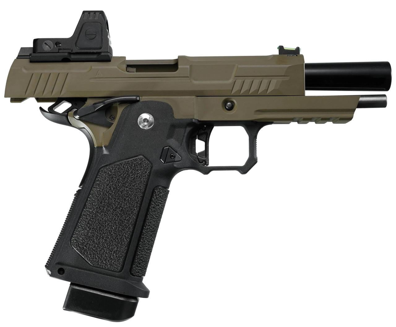 ARCTURUS Vanguard 4.3" Hi-Capa GBB Airsoft Pistol w/ Optics Ready Slide & ARS-1 Red Dot Combo, Black/Tan
