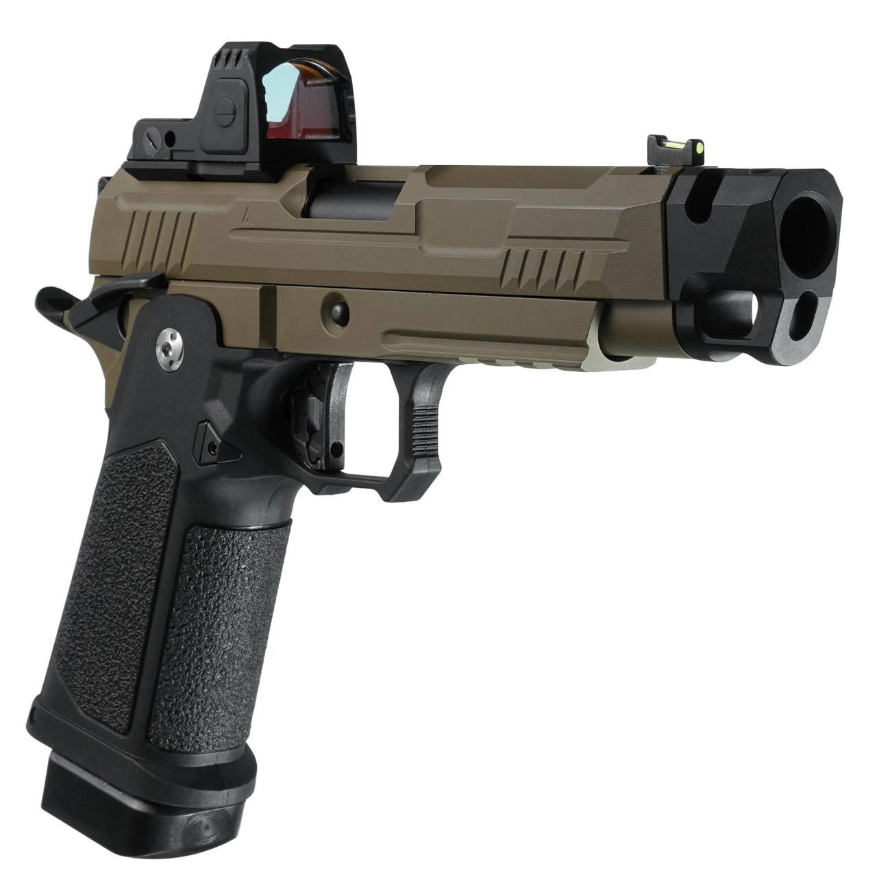 ARCTURUS Vanguard 4.3" Hi-Capa GBB Airsoft Pistol w/ Optics Ready Slide & Compensator & ARS-1 Red Dot Combo, Black/Tan