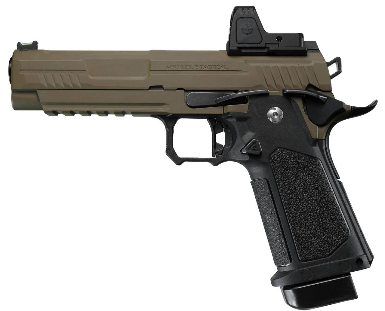 ARCTURUS Vanguard 5" Hi-Capa GBB Airsoft Pistol w/ Optics Ready Slide & ARS-1 Red Dot Combo, Black/Tan