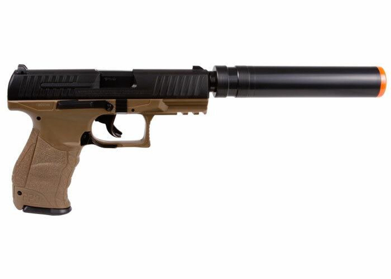 Walther PPQ Combat Airsoft Spring Pistol Kit with Fake Silencer and Extra Magazines and BBs Dark Earth
