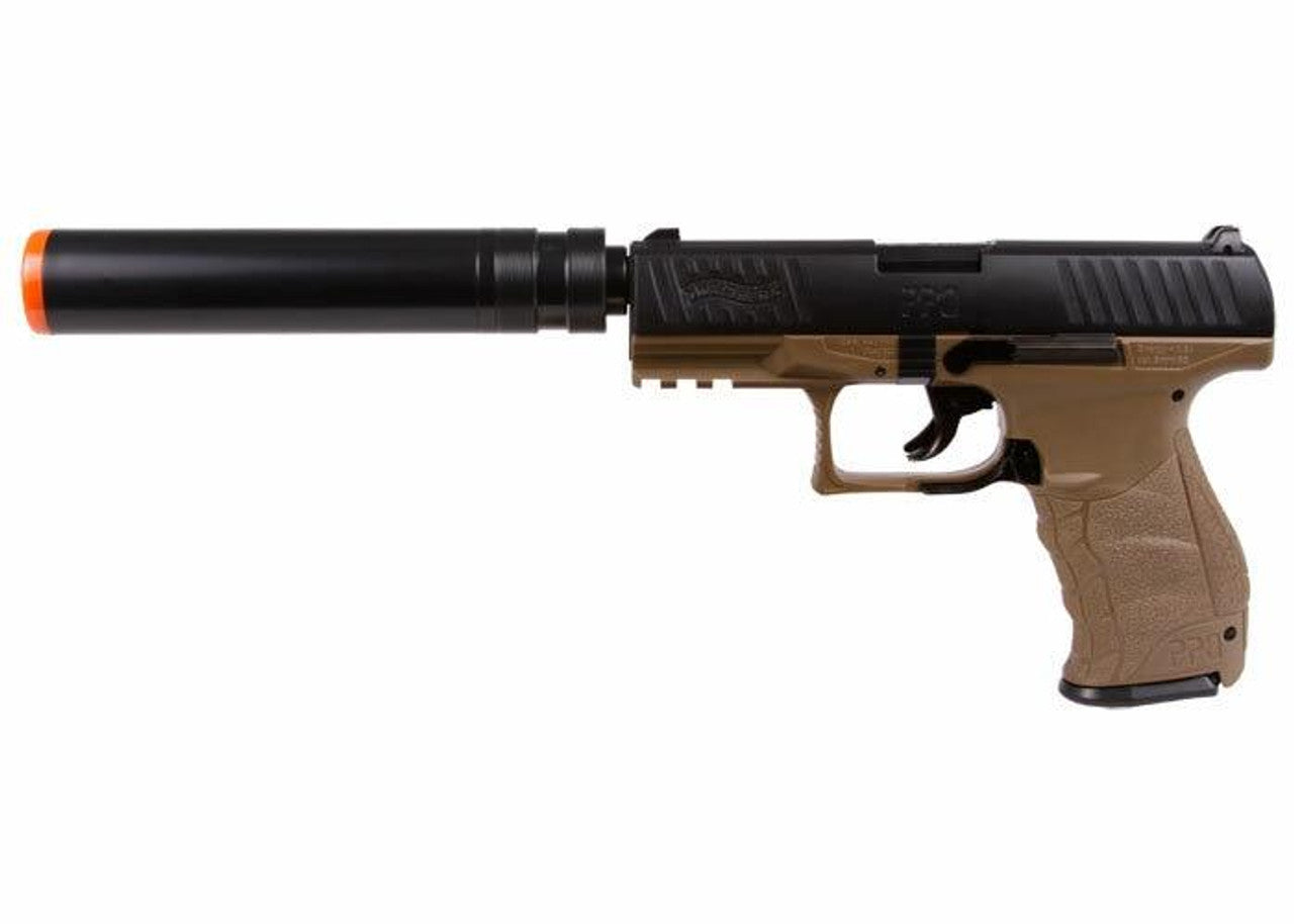 Walther PPQ Combat Airsoft Spring Pistol Kit with Fake Silencer and Extra Magazines and BBs Dark Earth